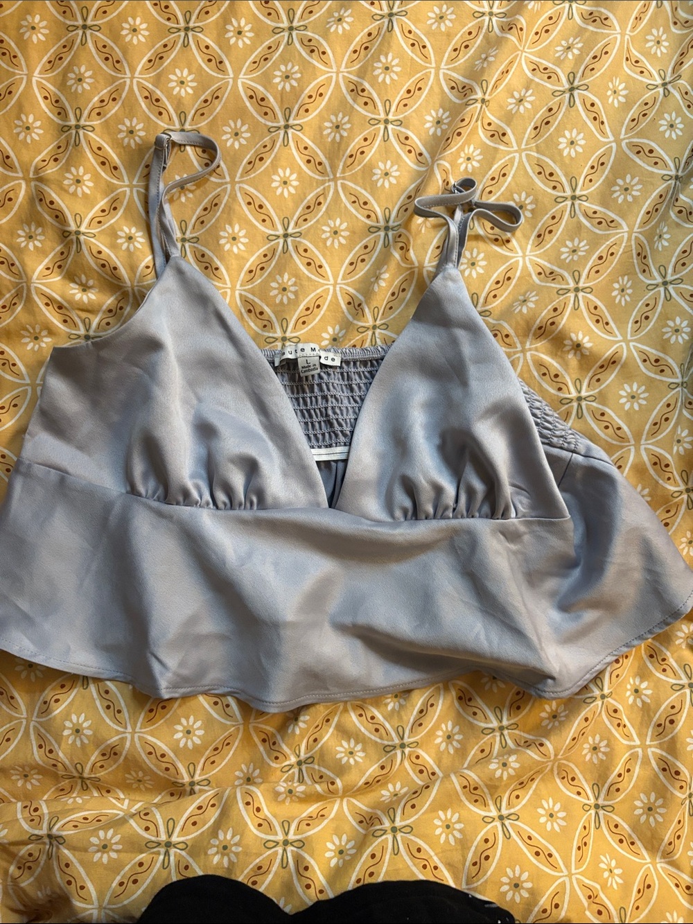 Haute Monde Silver Satin Bandeau Bralette with Smocked Back